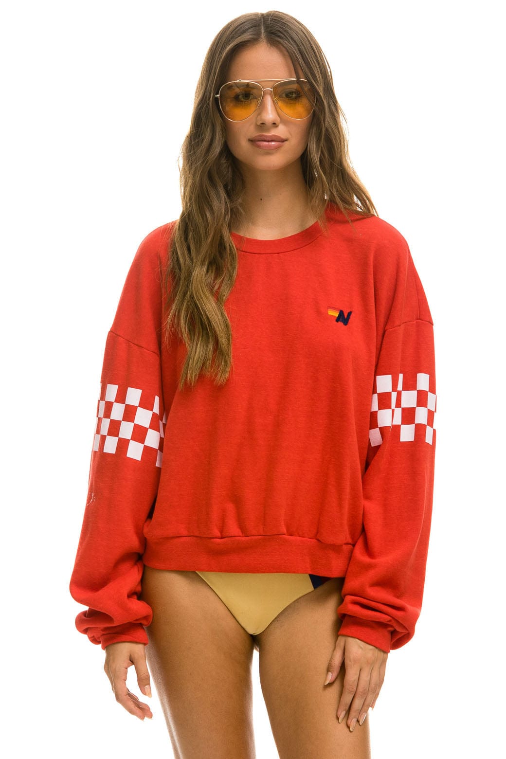 Classic CHECK 2 SLEEVE RELAXED CREW SWEATSHIRT - RED WHITE