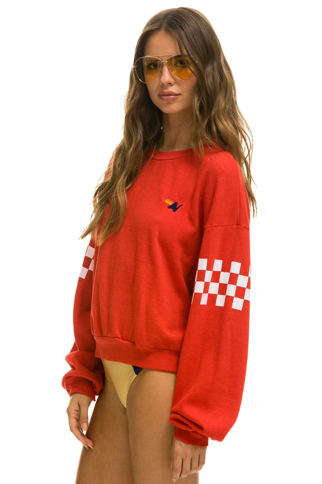 Classic CHECK 2 SLEEVE RELAXED CREW SWEATSHIRT - RED WHITE
