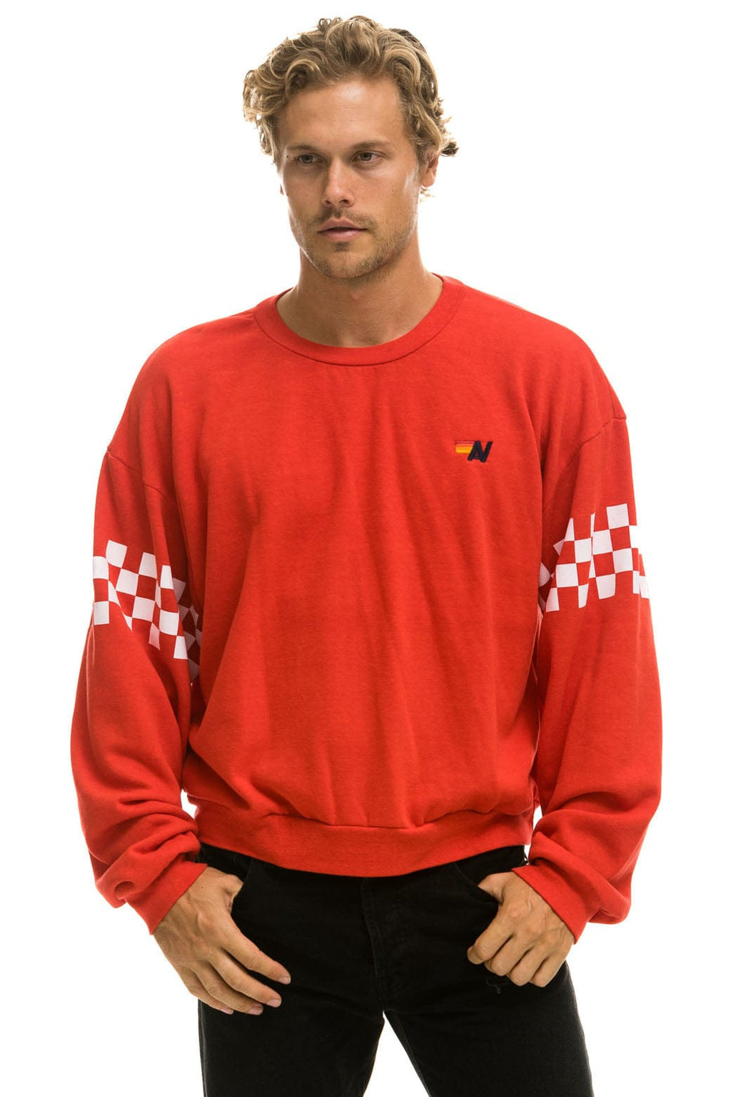 Classic CHECK 2 SLEEVE RELAXED CREW SWEATSHIRT - RED WHITE