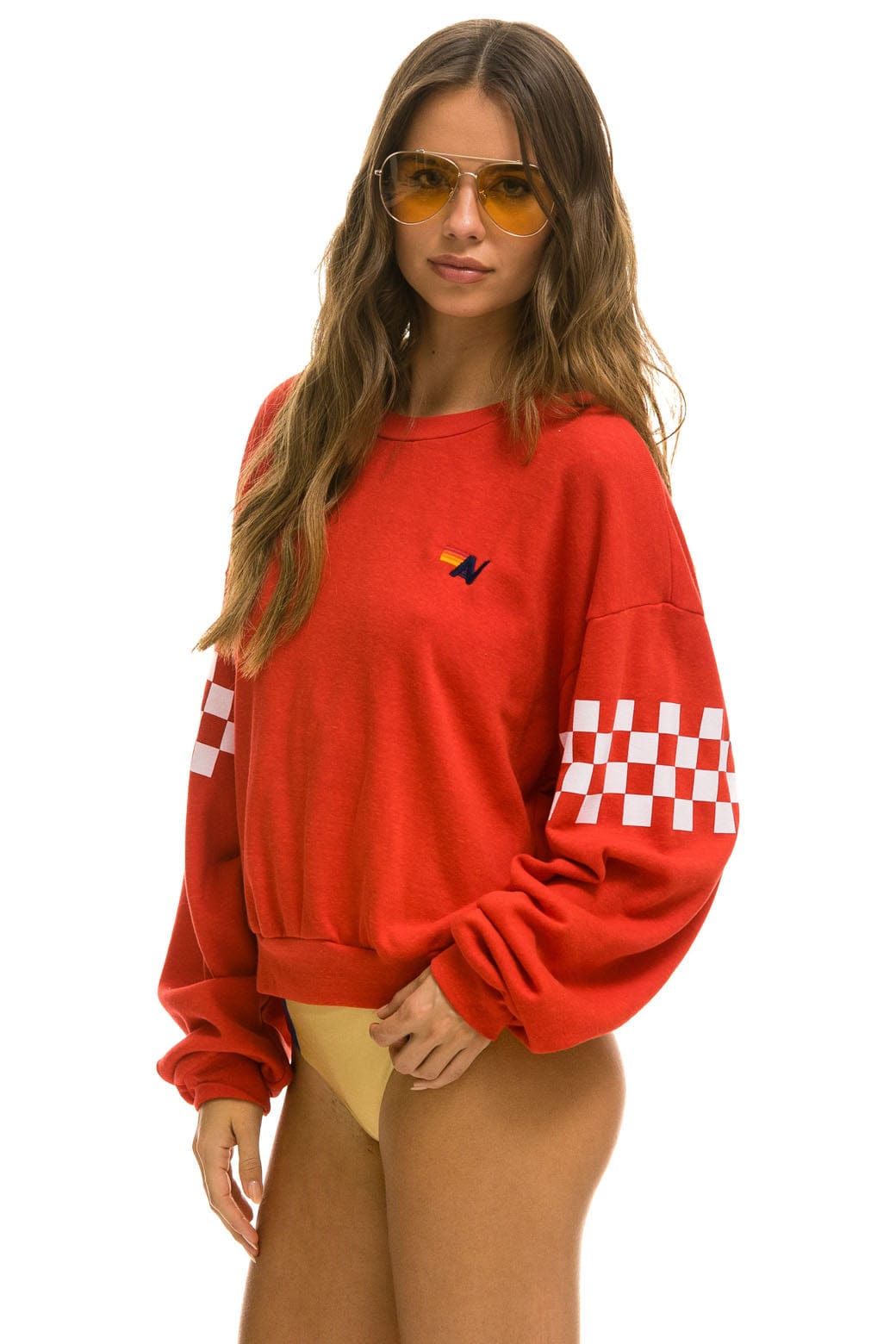 Classic CHECK 2 SLEEVE RELAXED CREW SWEATSHIRT - RED WHITE