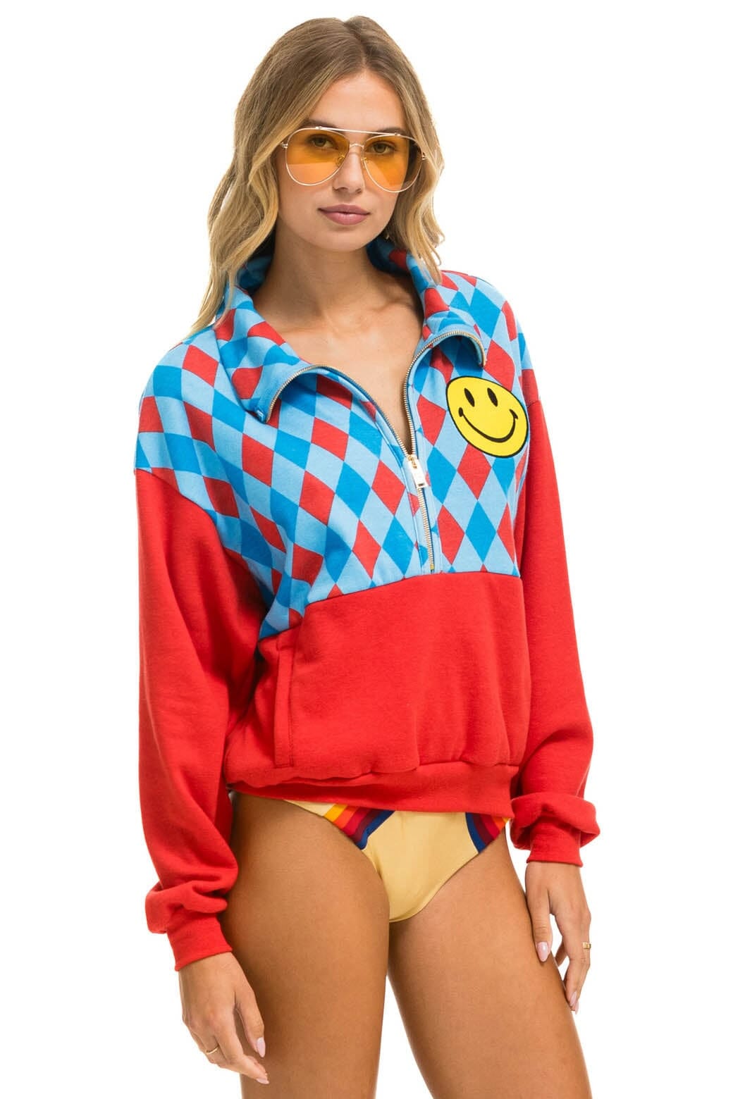 Classic DIAMOND SMILEY 2 FLEECE HALF ZIP COLOR BLOCK SWEATSHIRT - RED SKY