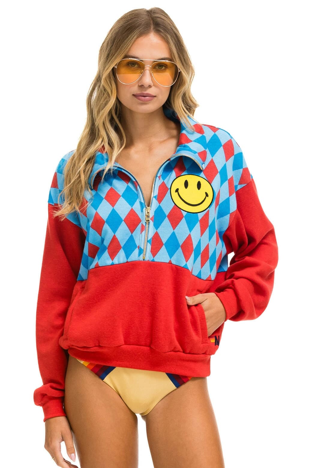 Classic DIAMOND SMILEY 2 FLEECE HALF ZIP COLOR BLOCK SWEATSHIRT - RED SKY