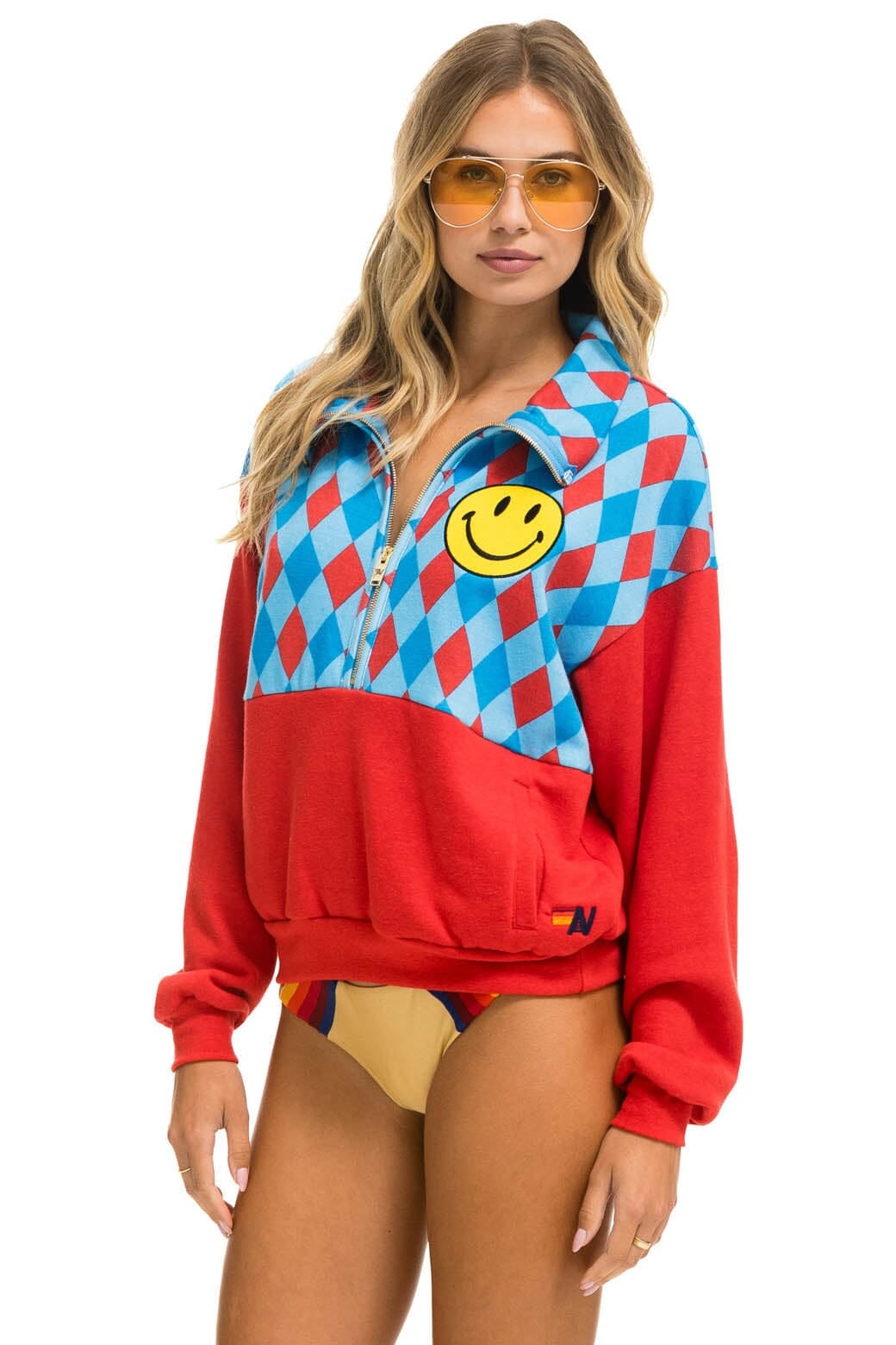 Classic DIAMOND SMILEY 2 FLEECE HALF ZIP COLOR BLOCK SWEATSHIRT - RED SKY