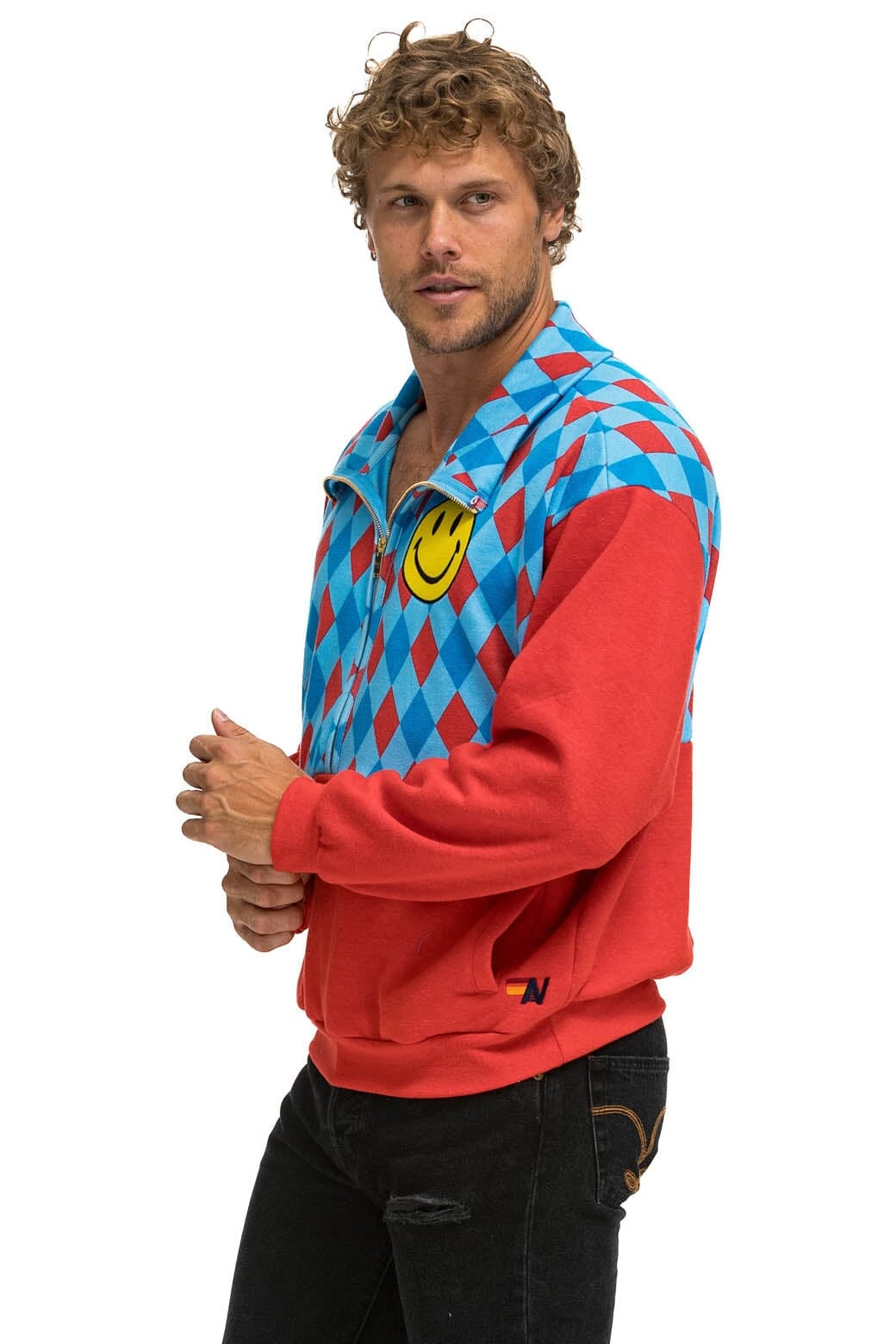 Classic DIAMOND SMILEY 2 FLEECE HALF ZIP COLOR BLOCK SWEATSHIRT - RED SKY