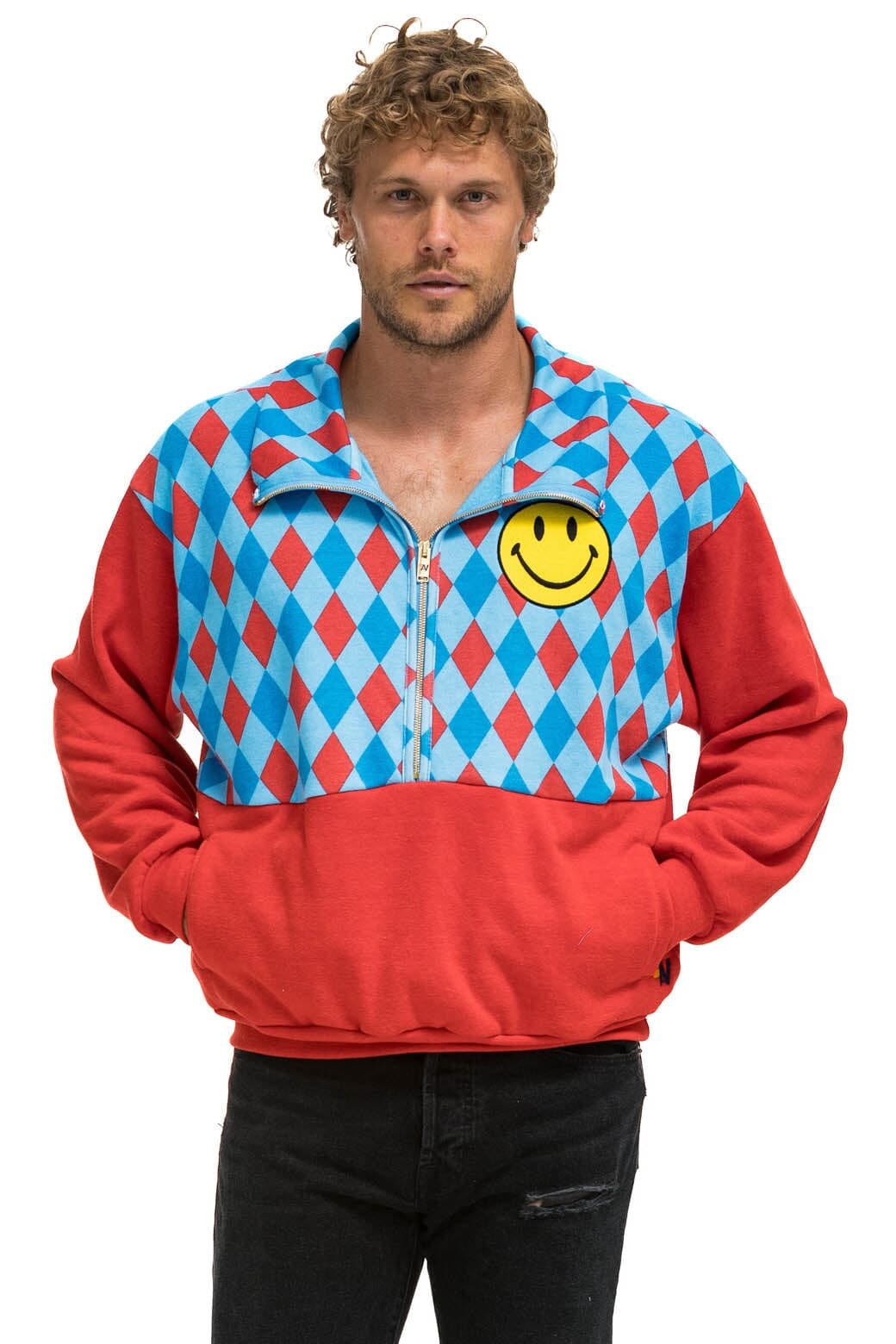 Classic DIAMOND SMILEY 2 FLEECE HALF ZIP COLOR BLOCK SWEATSHIRT - RED SKY