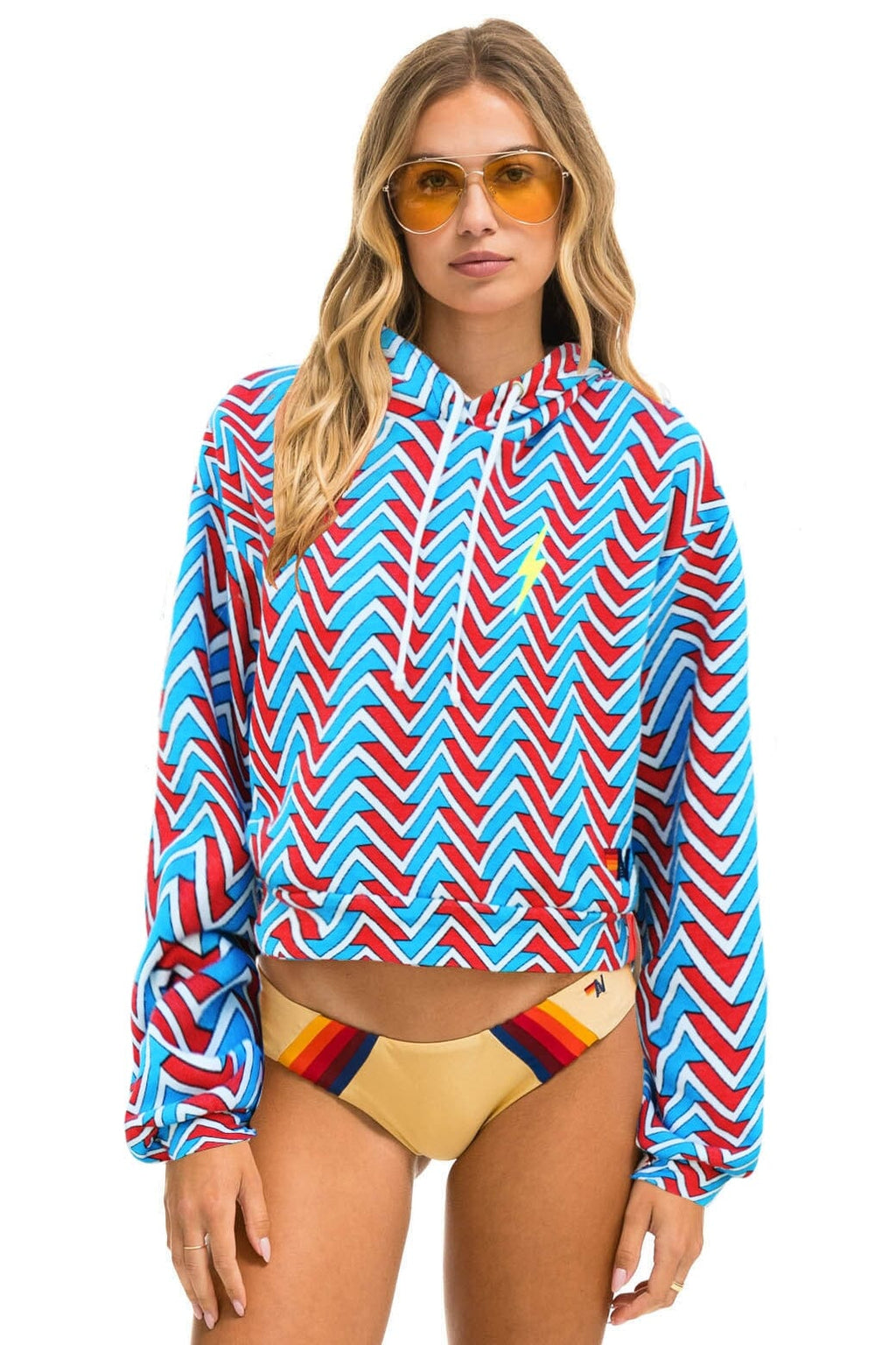 Classic GEO ZIG BOLT EMBRIODERY RELAXED CROPPED PULLOVER HOODIE - RED BLUE