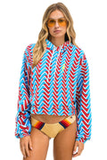 Classic GEO ZIG BOLT EMBRIODERY RELAXED CROPPED PULLOVER HOODIE - RED BLUE