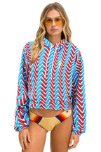 Classic GEO ZIG BOLT EMBRIODERY RELAXED CROPPED PULLOVER HOODIE - RED BLUE