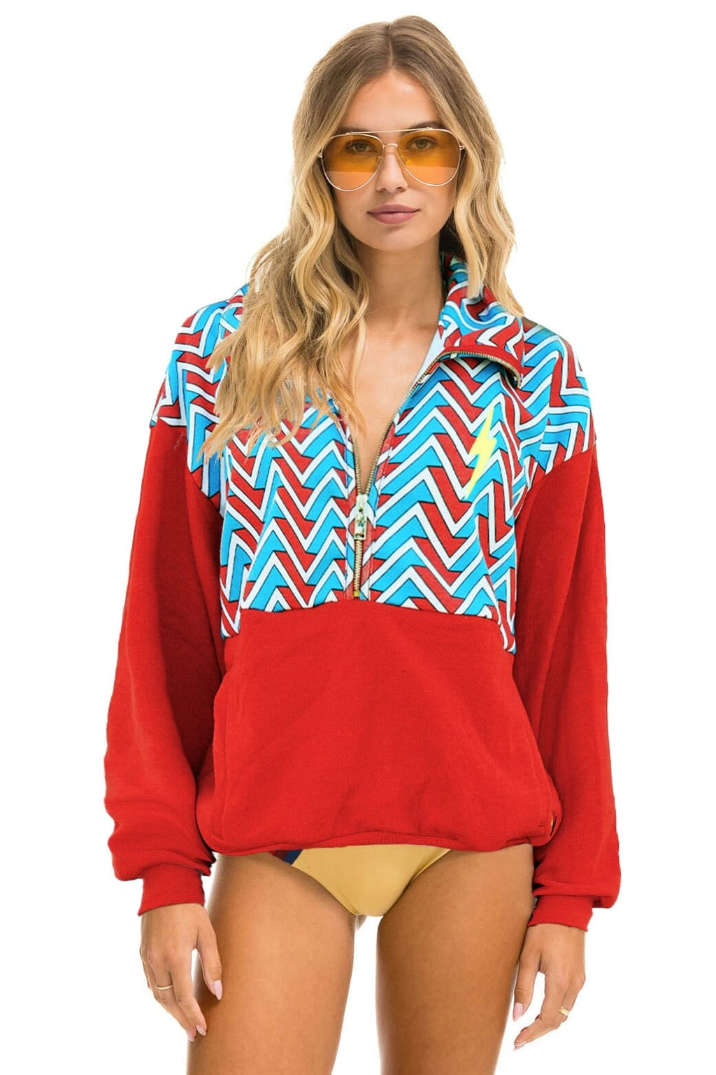 Classic GEO ZIG BOLT EMBROIDERY FLEECE HALF ZIP COLOR BLOCK SWEATSHIRT - RED BLUE
