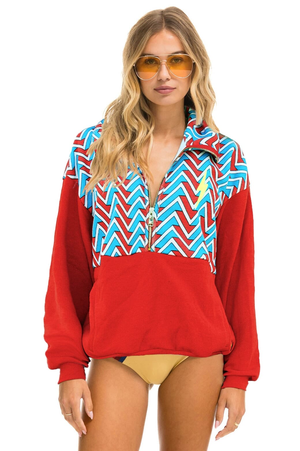 Classic GEO ZIG BOLT EMBROIDERY FLEECE HALF ZIP COLOR BLOCK SWEATSHIRT - RED BLUE