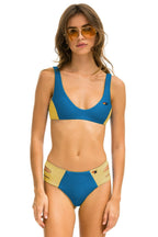 Classic HI-WAISTED SIDE CUT OUT COLOR BLOCK CHEEKY BIKINI BOTTOMS - ANTIGUA GOLD