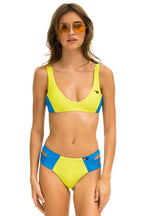 Classic HI-WAISTED SIDE CUT OUT COLOR BLOCK CHEEKY BIKINI BOTTOMS - LED BLUE CINA