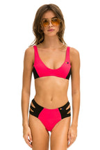 Classic HI-WAISTED SIDE CUT OUT COLOR BLOCK CHEEKY BIKINI BOTTOMS - RED BLACK