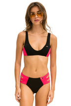 Classic HI-WAISTED SIDE CUT OUT COLOR BLOCK FULL COVERAGE BRIEF BIKINI BOTTOMS - BLACK RED