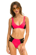 Classic HI-WAISTED SIDE CUT OUT COLOR BLOCK FULL COVERAGE BRIEF BIKINI BOTTOMS - RED BLACK