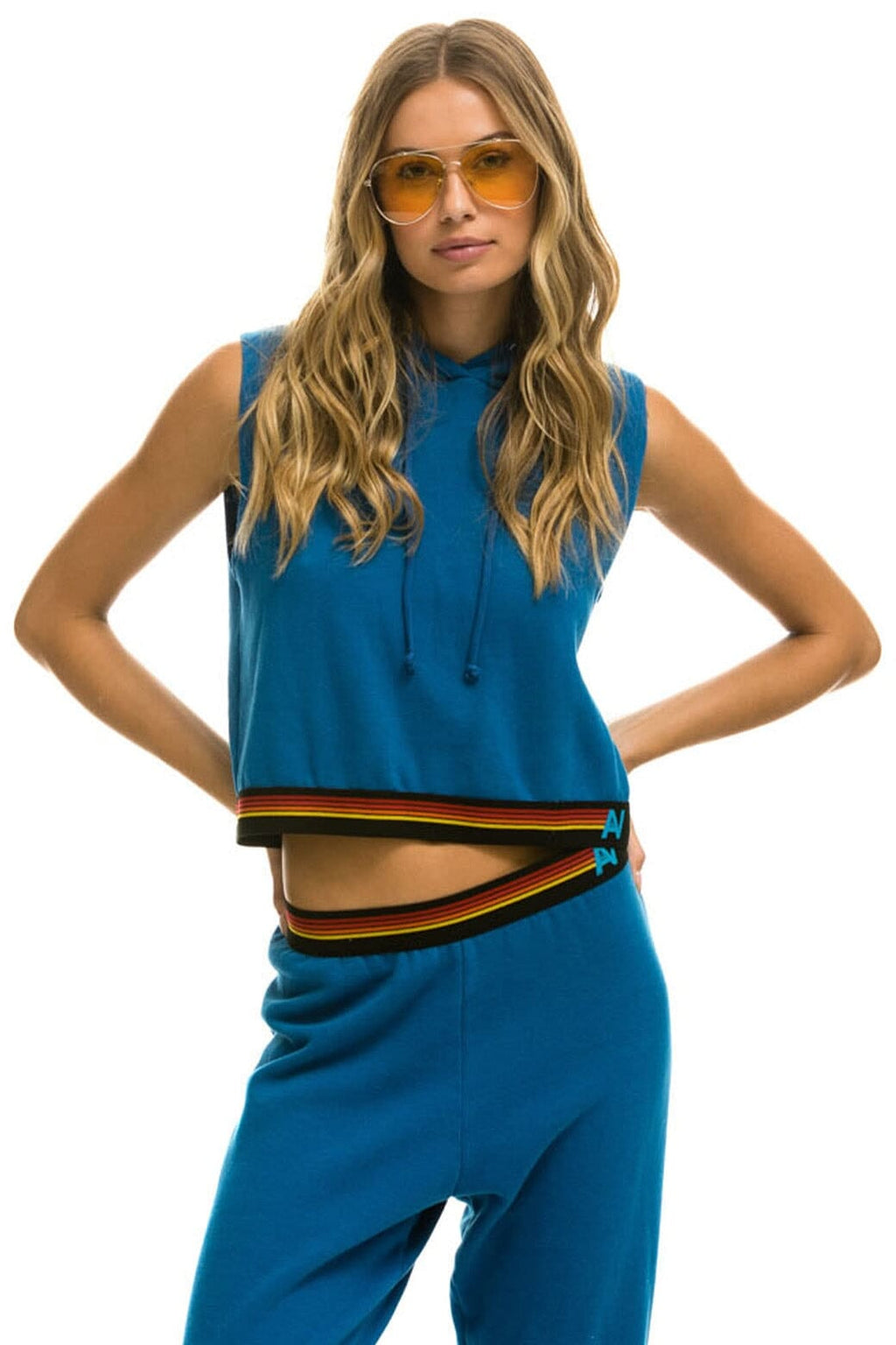 Classic LOGO STRIPE SLEEVELESS CROP PULLOVER HOODIE - CARIBBEAN
