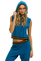 Classic LOGO STRIPE SLEEVELESS CROP PULLOVER HOODIE - CARIBBEAN