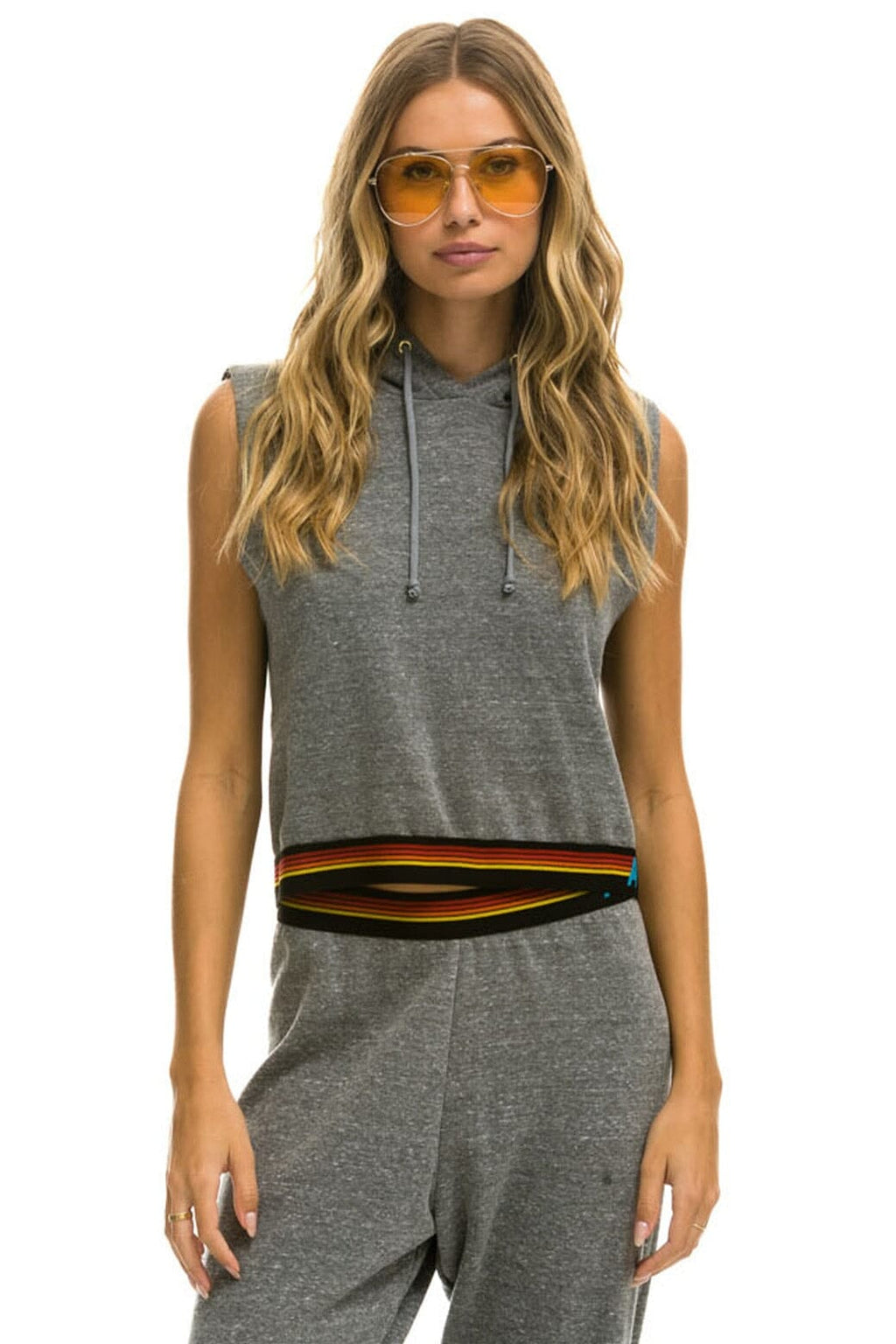 Classic LOGO STRIPE SLEEVELESS CROP PULLOVER HOODIE - HEATHER GREY