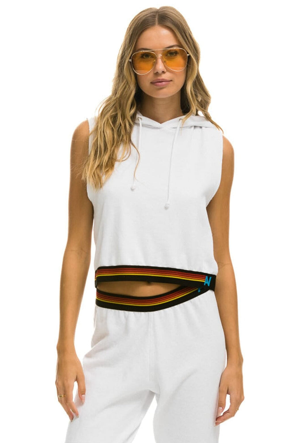 Classic LOGO STRIPE SLEEVELESS CROP PULLOVER HOODIE - WHITE