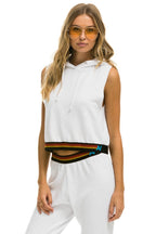 Classic LOGO STRIPE SLEEVELESS CROP PULLOVER HOODIE - WHITE