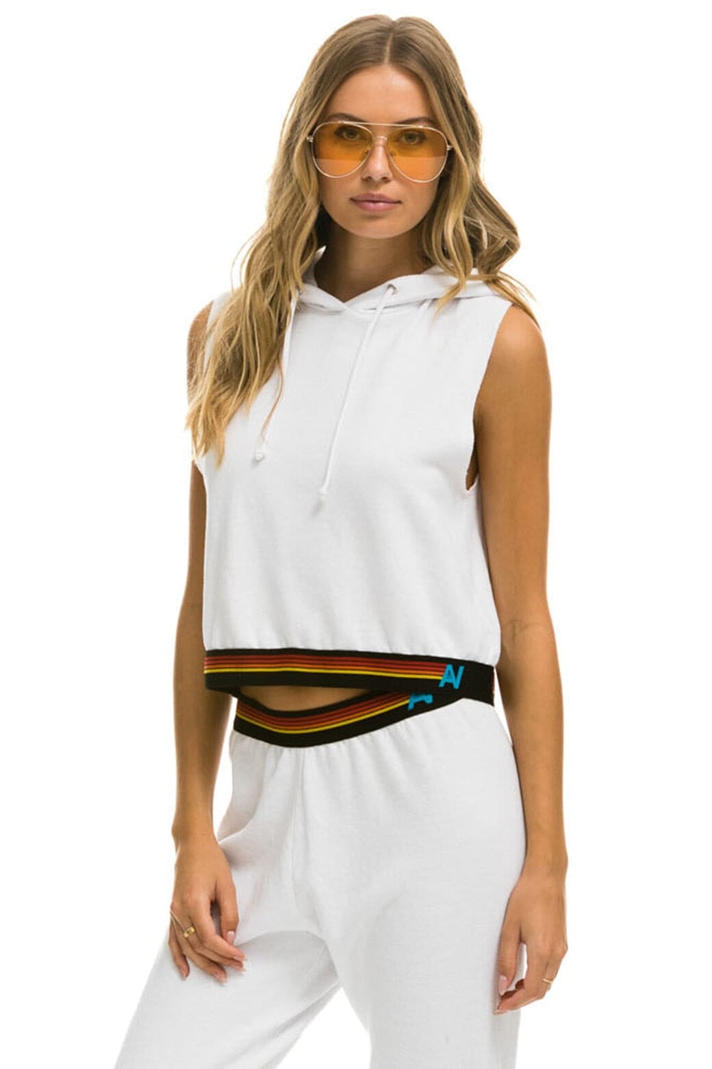 Classic LOGO STRIPE SLEEVELESS CROP PULLOVER HOODIE - WHITE