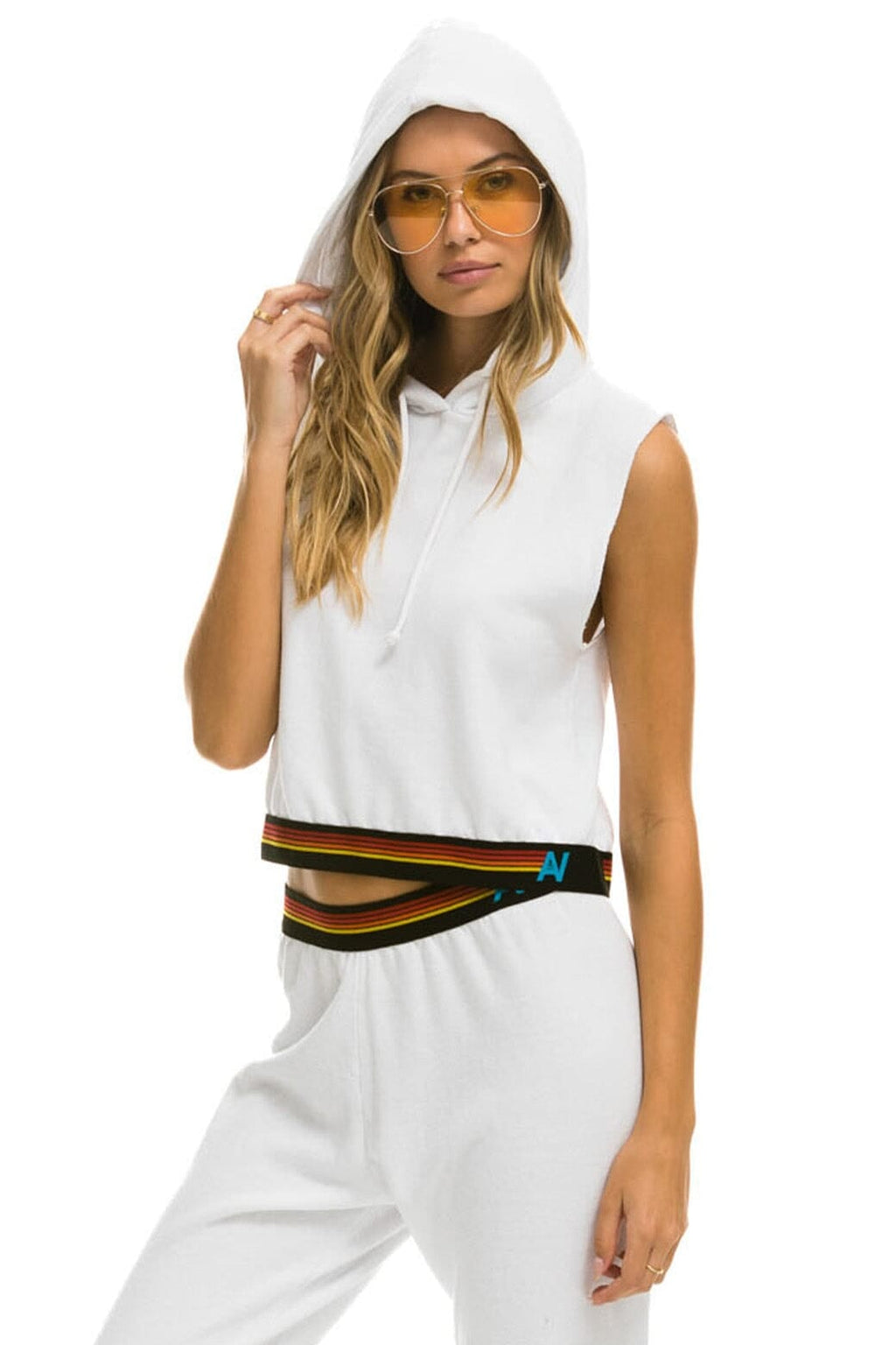 Classic LOGO STRIPE SLEEVELESS CROP PULLOVER HOODIE - WHITE