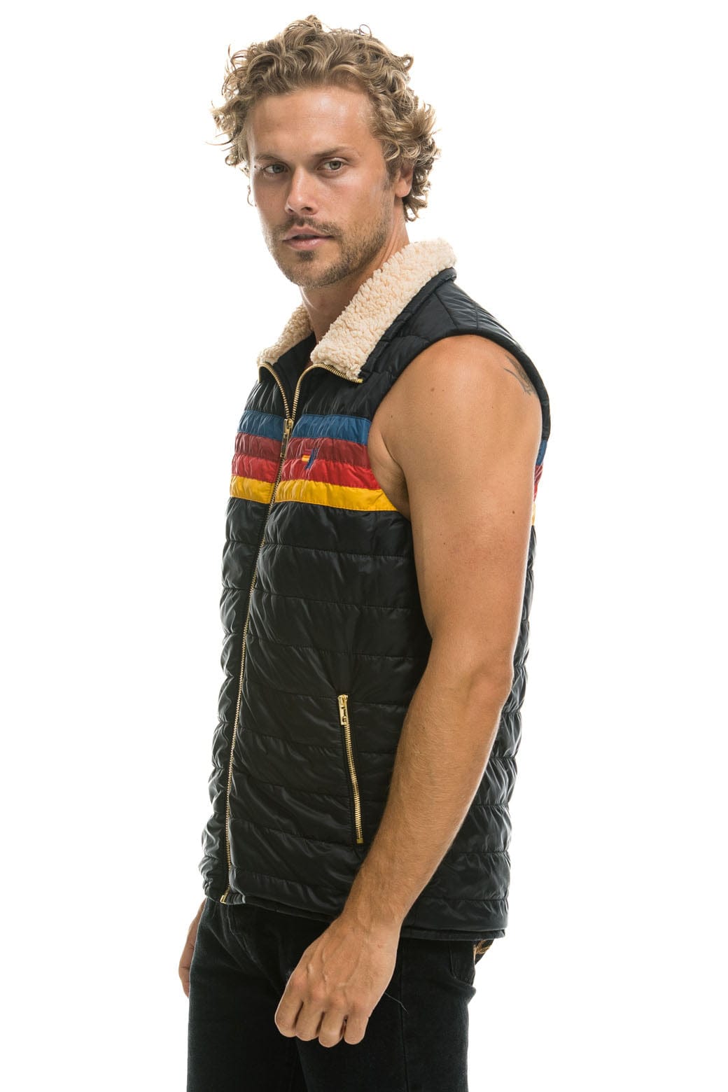 Classic MENS 4 STRIPE VEST SHERPA - BLACK