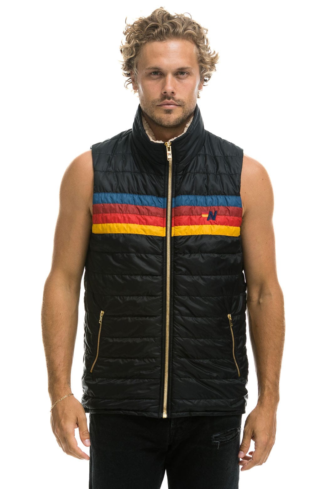 Classic MENS 4 STRIPE VEST SHERPA - BLACK