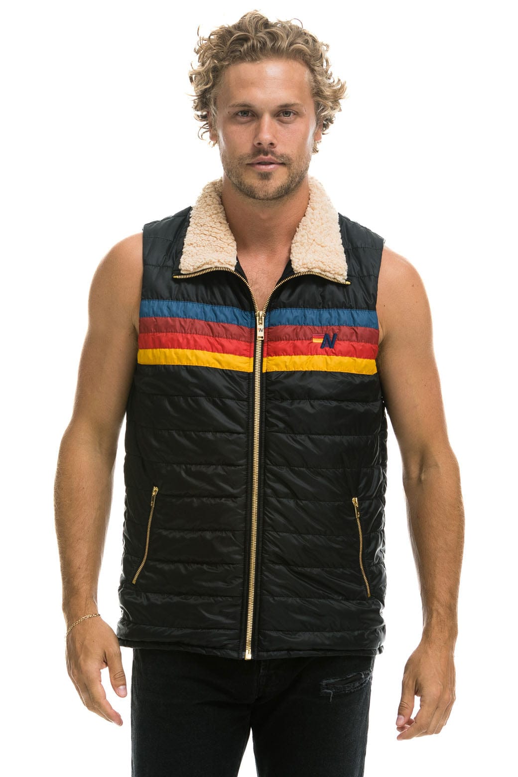Classic MENS 4 STRIPE VEST SHERPA - BLACK