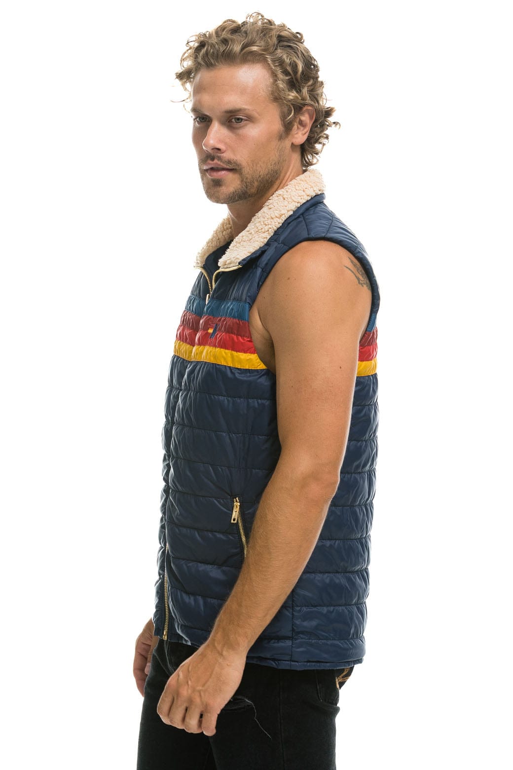 Classic MENS 4 STRIPE VEST SHERPA - NAVY