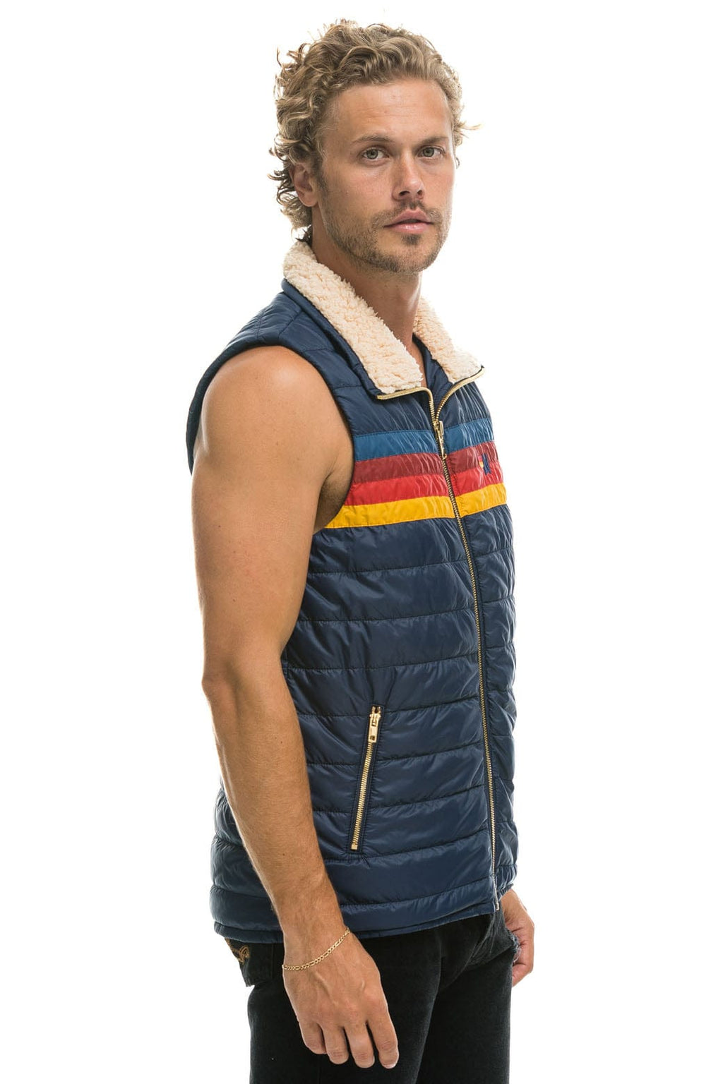 Classic MENS 4 STRIPE VEST SHERPA - NAVY