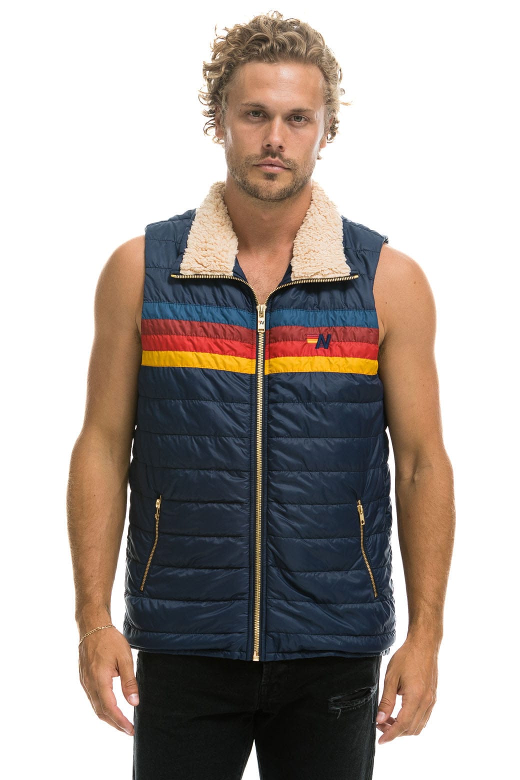 Classic MENS 4 STRIPE VEST SHERPA - NAVY