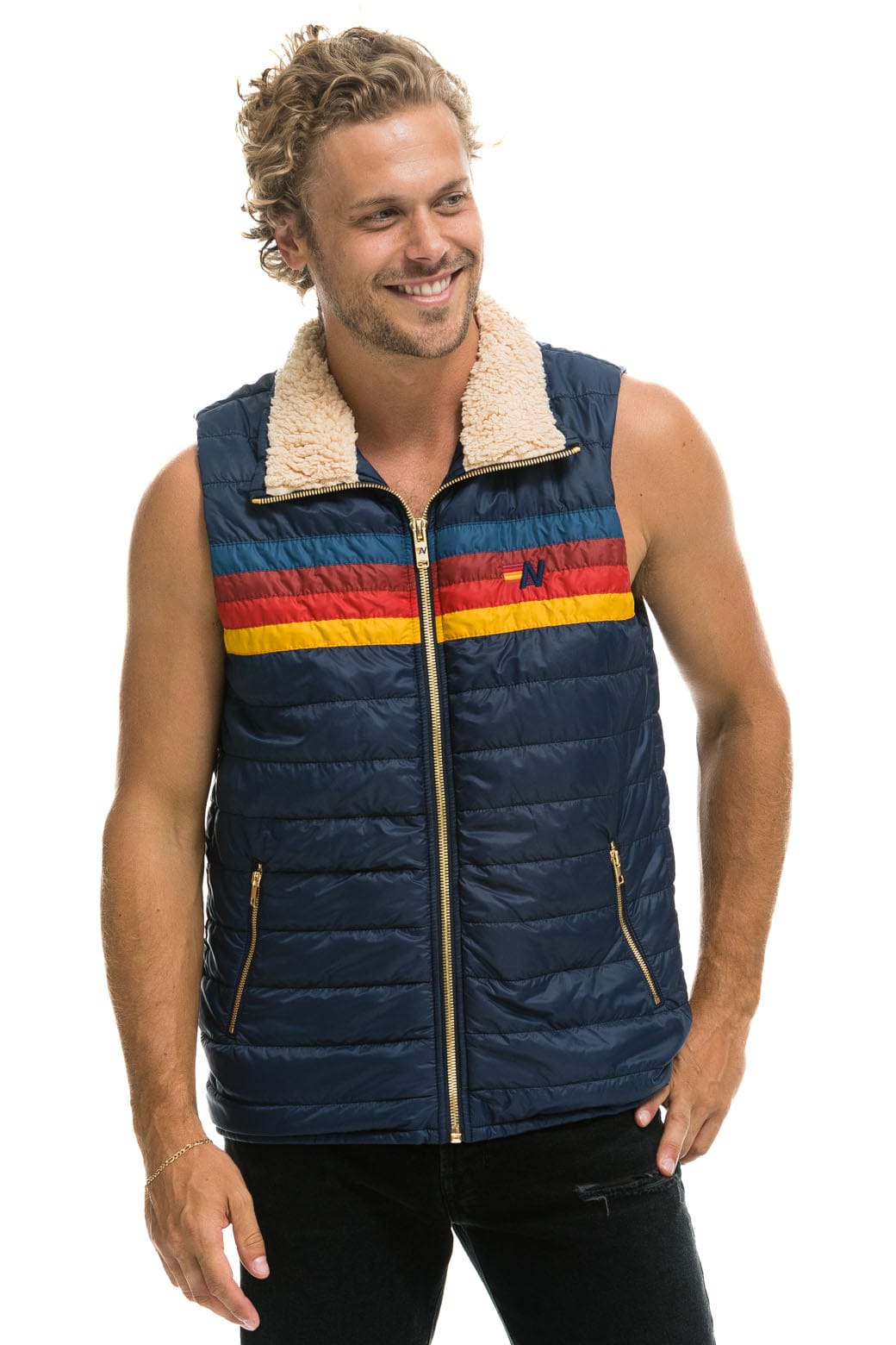 Classic MENS 4 STRIPE VEST SHERPA - NAVY