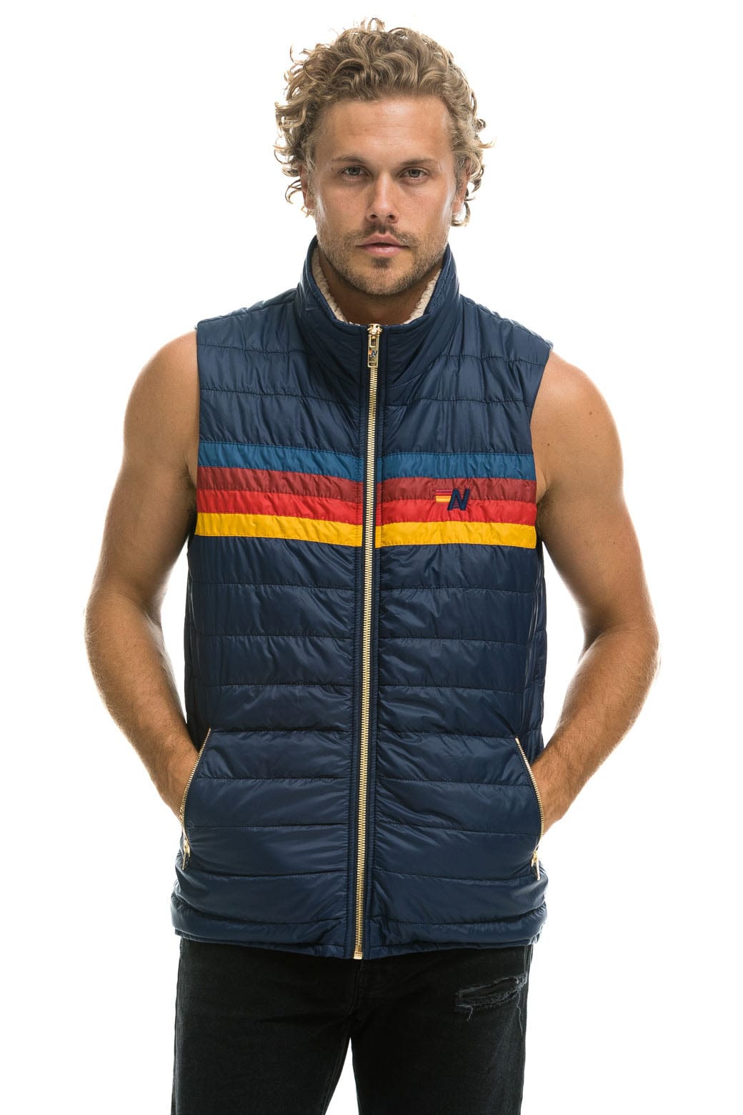Classic MENS 4 STRIPE VEST SHERPA - NAVY