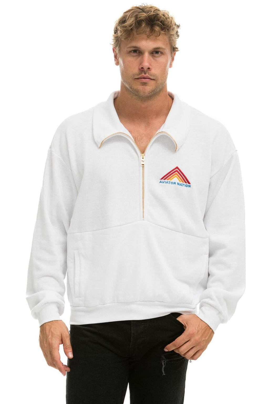 Classic MOUNTAIN EMBROIDERY HALF ZIP SWEATSHIRT - WHITE