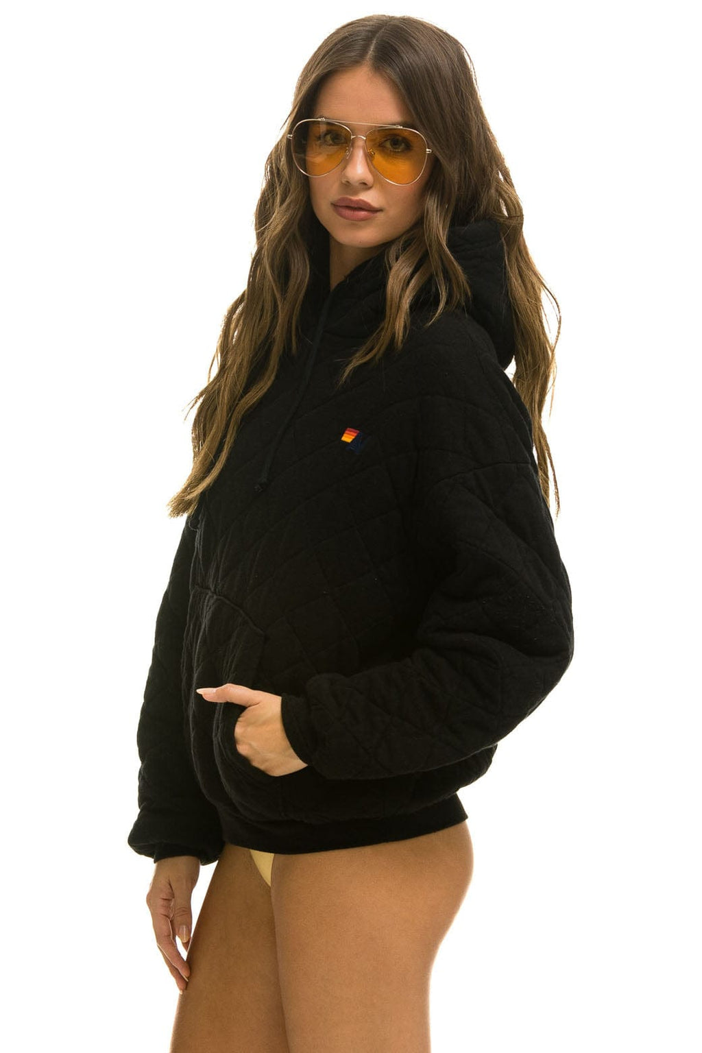 Classic QUILTED RELAXED PULLOVER HOODIE - BLACK