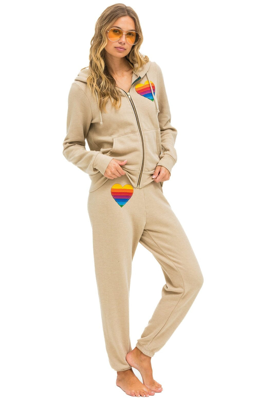 Classic RAINBOW HEART STITCH ZIP HOODIE - SAND