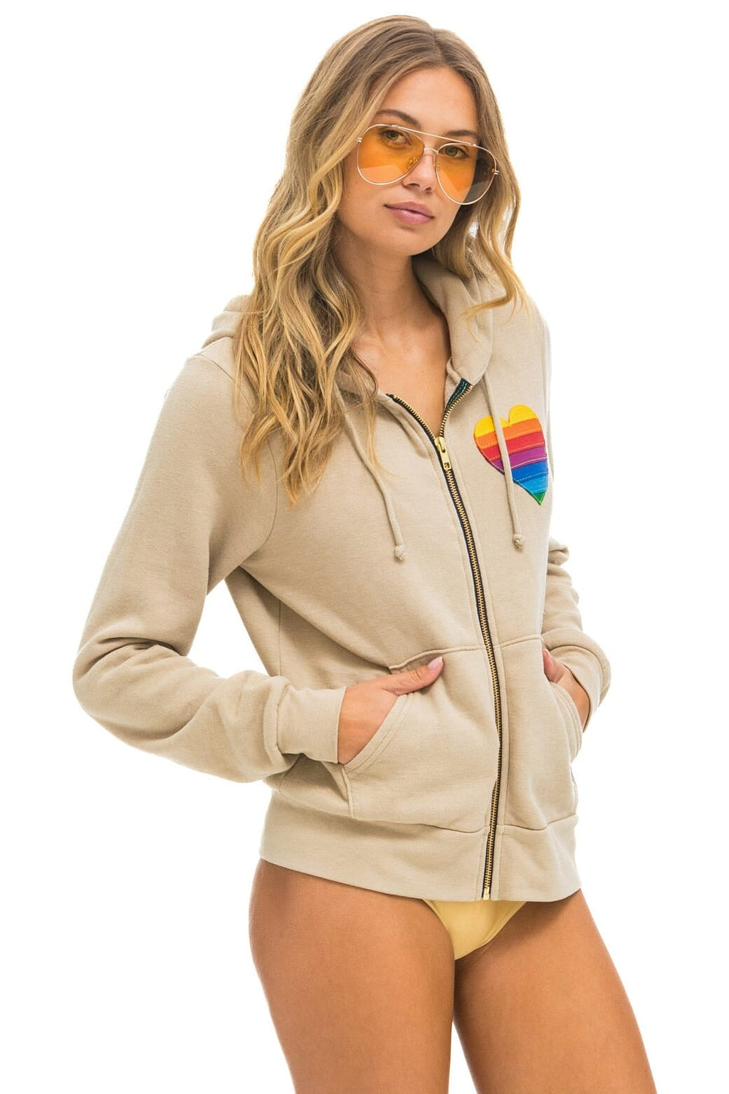 Classic RAINBOW HEART STITCH ZIP HOODIE - SAND
