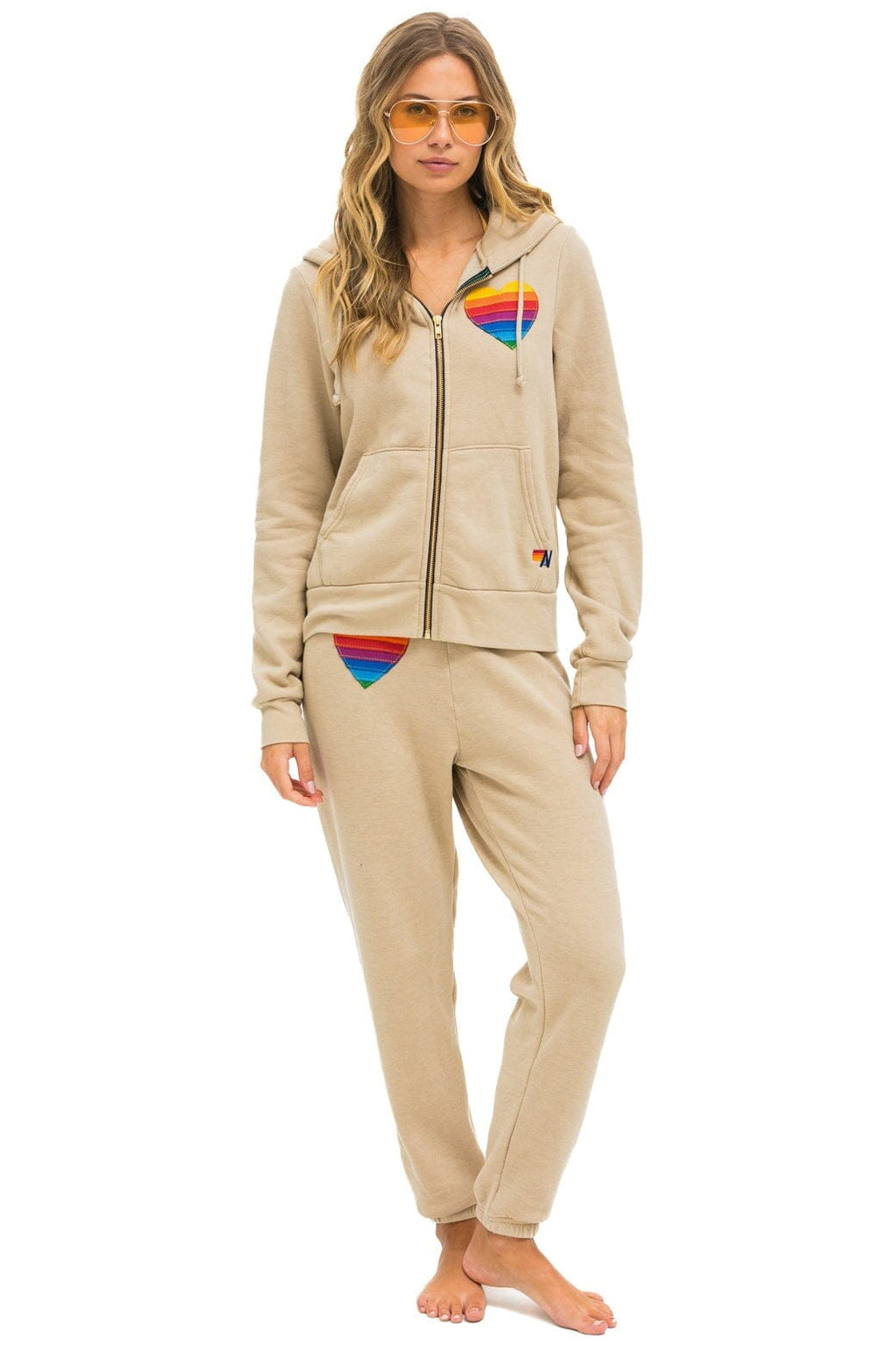 Classic RAINBOW HEART STITCH ZIP HOODIE - SAND