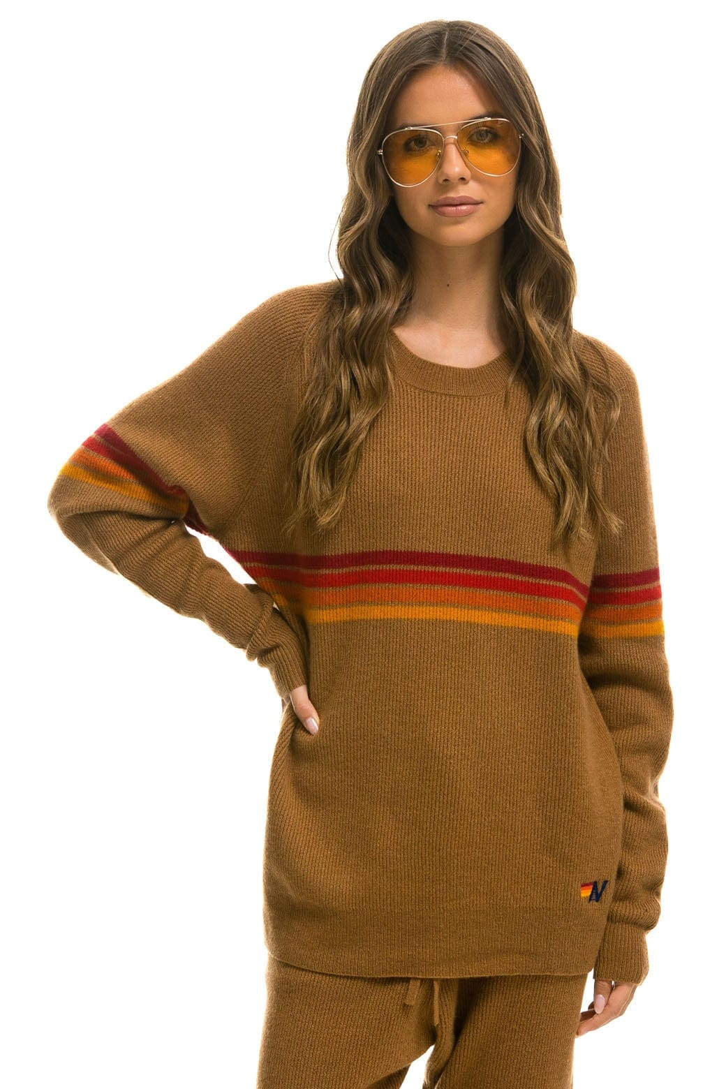 Classic RAINBOW STRIPE 4 UNISEX CASHMERE SWEATER - BUTTERSCOTCH