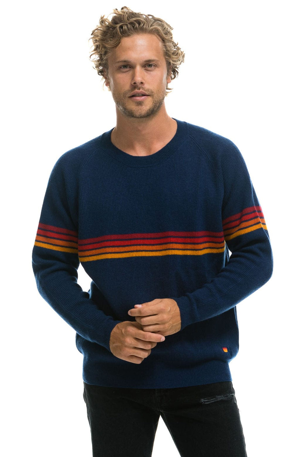 Classic RAINBOW STRIPE 4 UNISEX CASHMERE SWEATER - MIDNIGHT