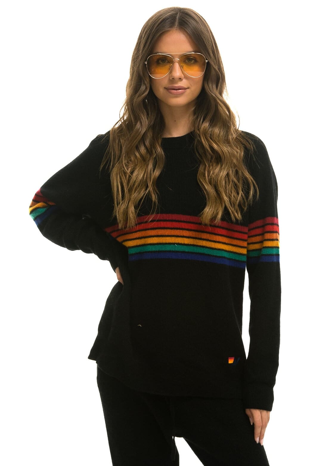 Classic RAINBOW STRIPE 6 UNISEX CASHMERE SWEATER - BLACK