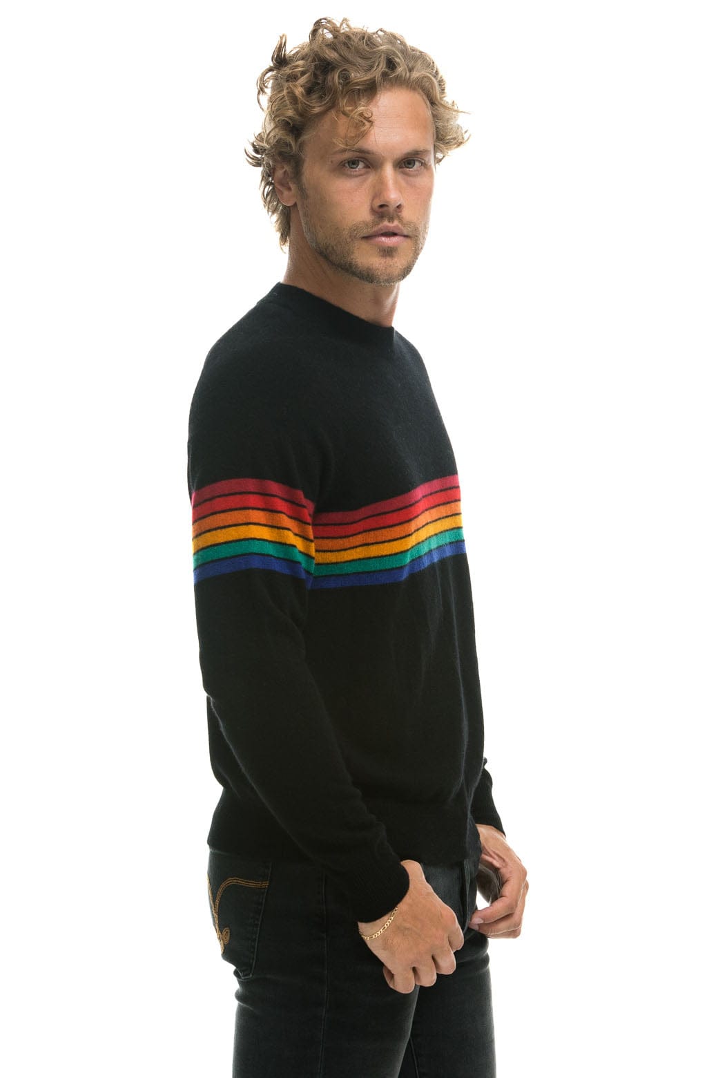 Classic RAINBOW STRIPE 6 UNISEX CASHMERE SWEATER - BLACK