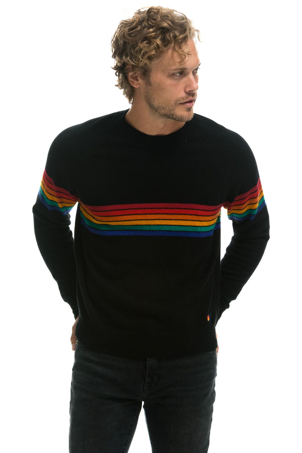 Classic RAINBOW STRIPE 6 UNISEX CASHMERE SWEATER - BLACK