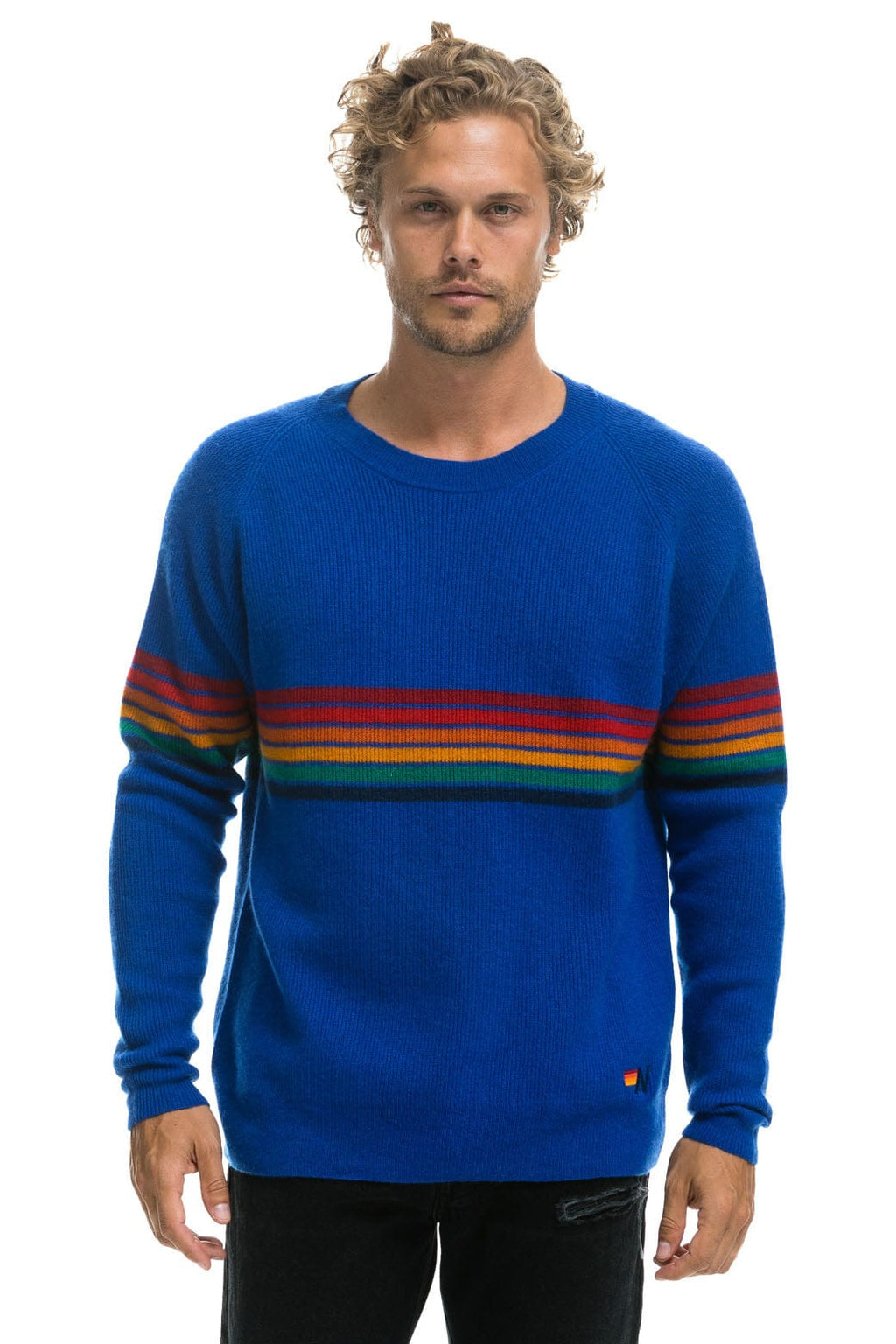 Classic RAINBOW STRIPE 6 UNISEX CASHMERE SWEATER - LAPIS