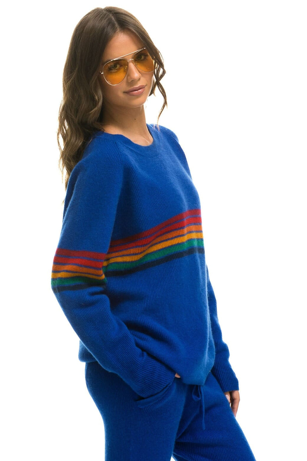 Classic RAINBOW STRIPE 6 UNISEX CASHMERE SWEATER - LAPIS