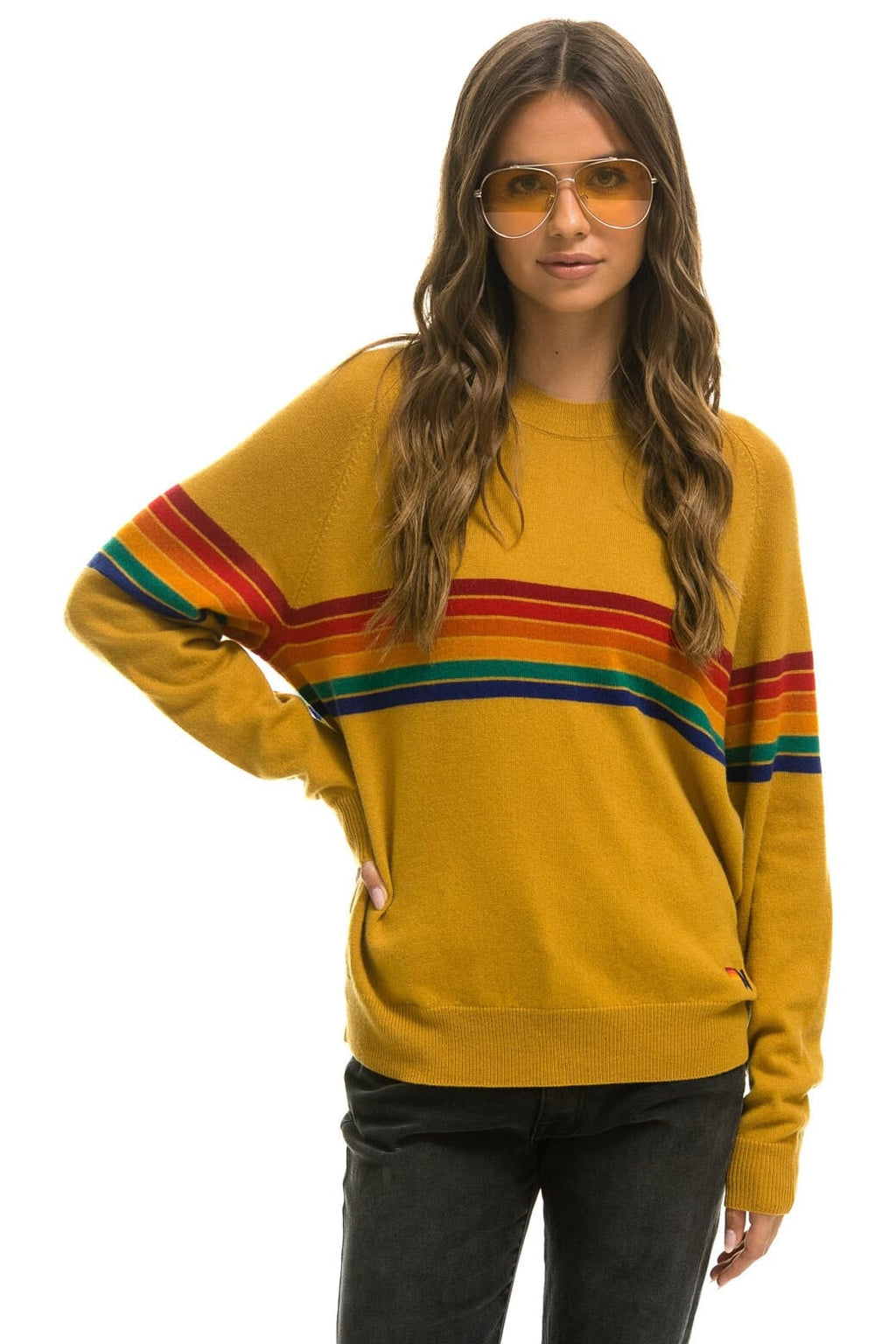 Classic RAINBOW STRIPE 6 UNISEX LIGHT CASHMERE SWEATER - HARVEST