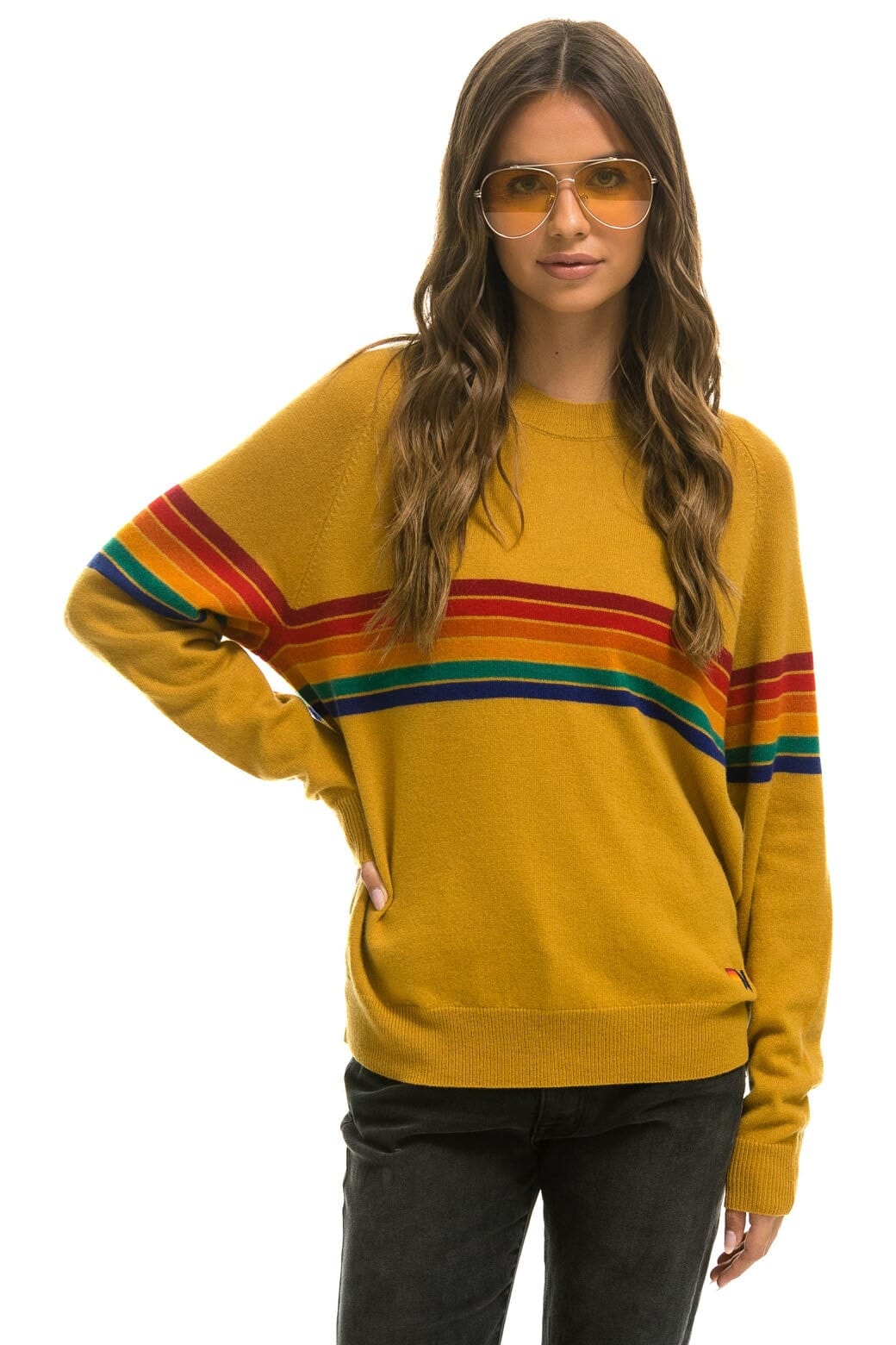 Classic RAINBOW STRIPE 6 UNISEX LIGHT CASHMERE SWEATER - HARVEST