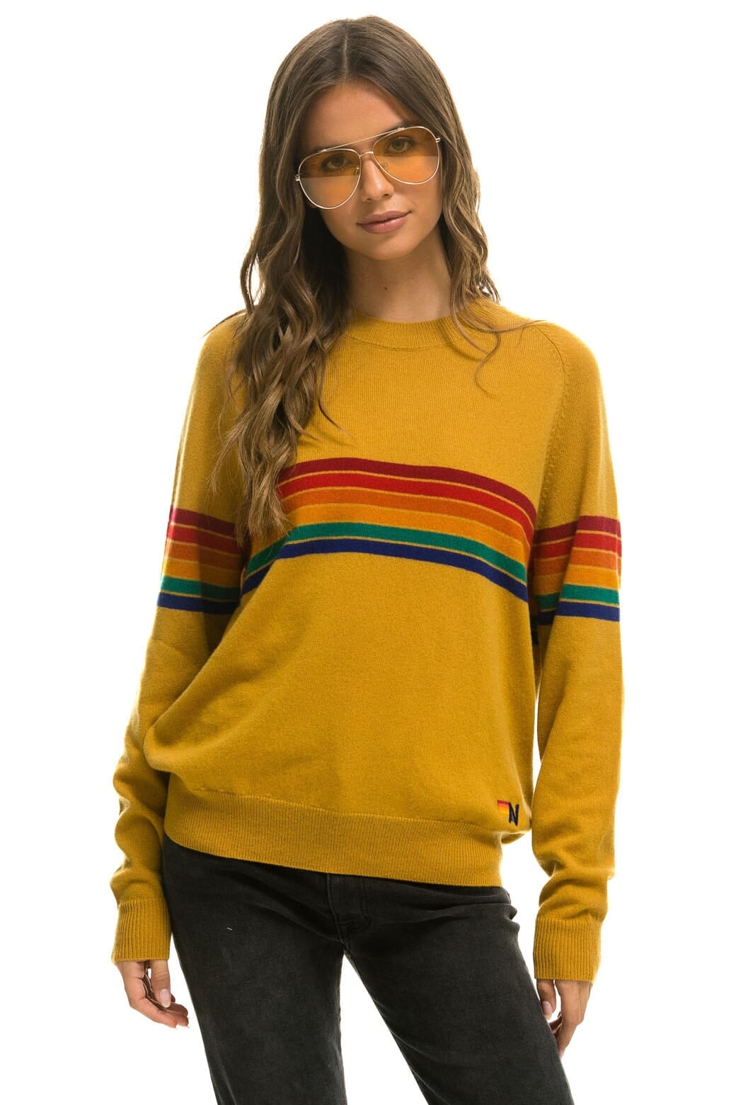 Classic RAINBOW STRIPE 6 UNISEX LIGHT CASHMERE SWEATER - HARVEST