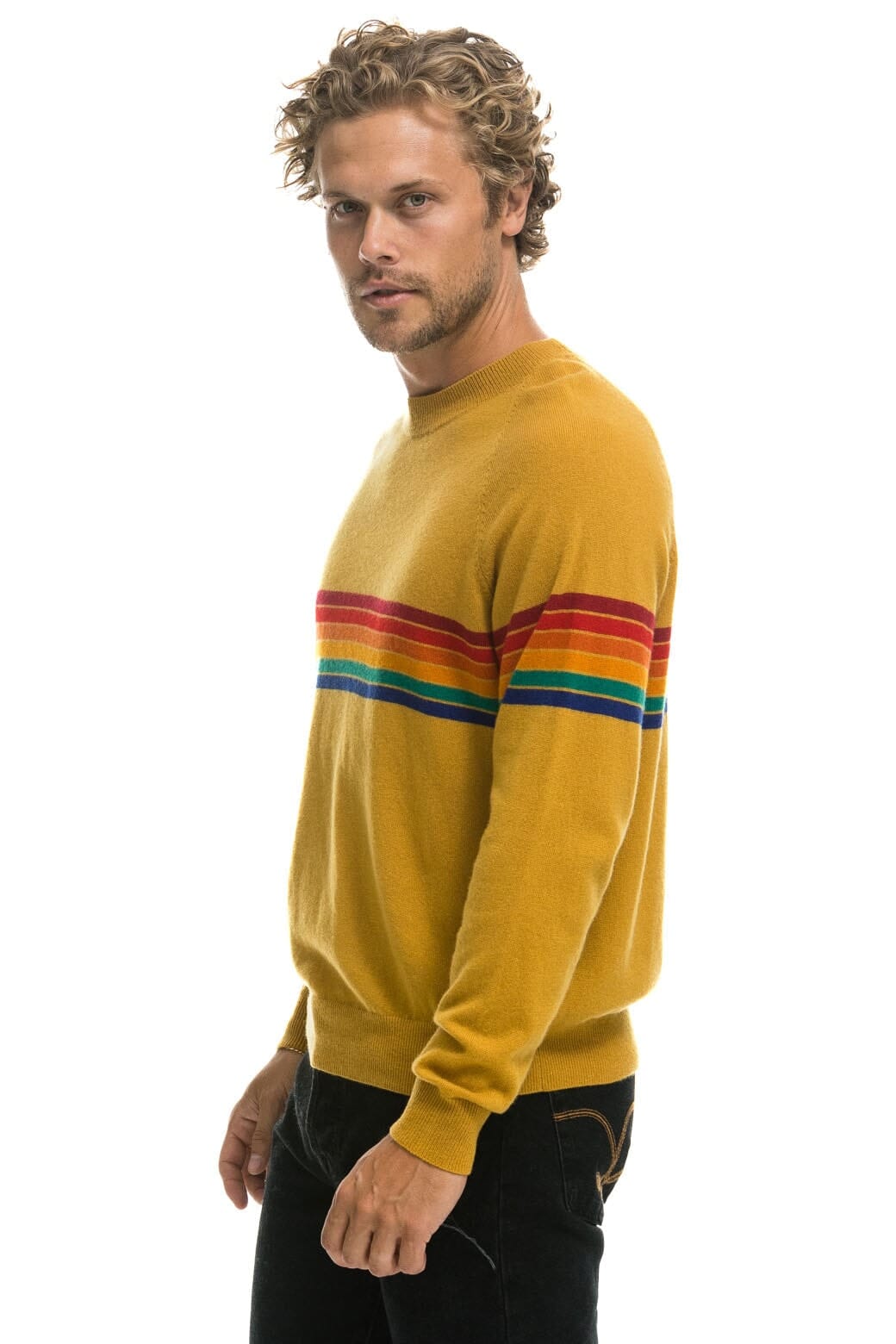 Classic RAINBOW STRIPE 6 UNISEX LIGHT CASHMERE SWEATER - HARVEST